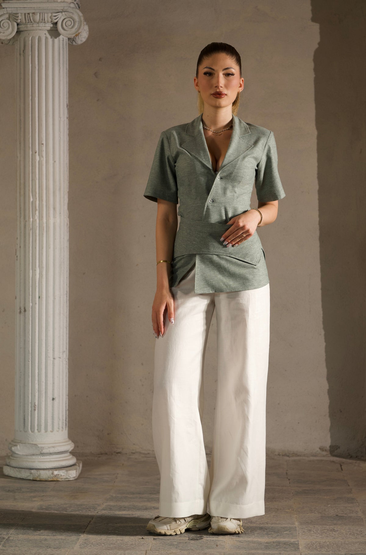 Дамски ленен панталон бял цвят Casa Oro - заден изглед